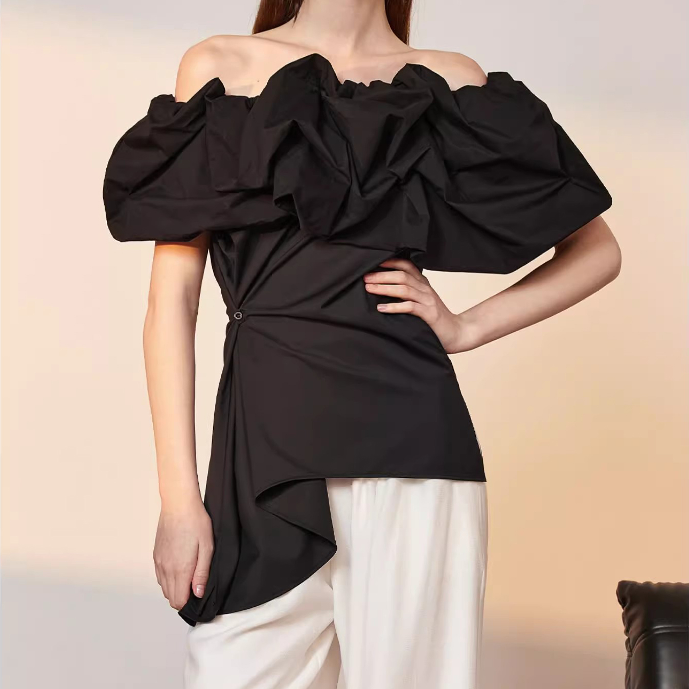 Custom One Shoulder Ruffle Neck Slit Blouse Manufacturer (5)