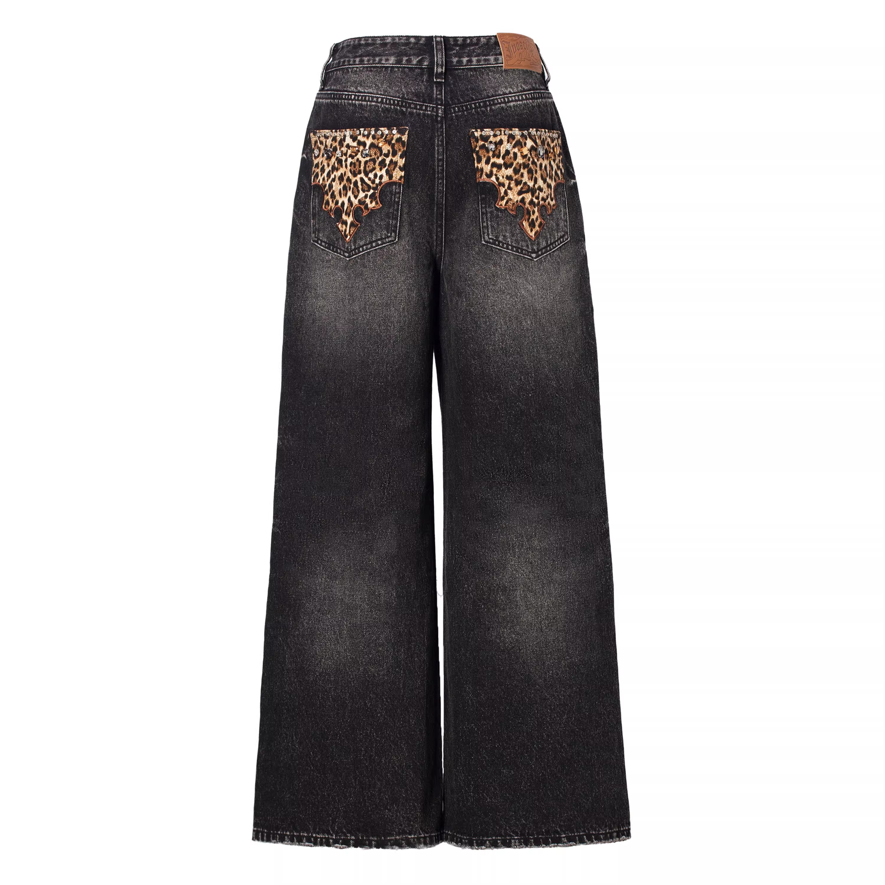 Custom Washed Leopard Print Jeans Trousers Manufacturer